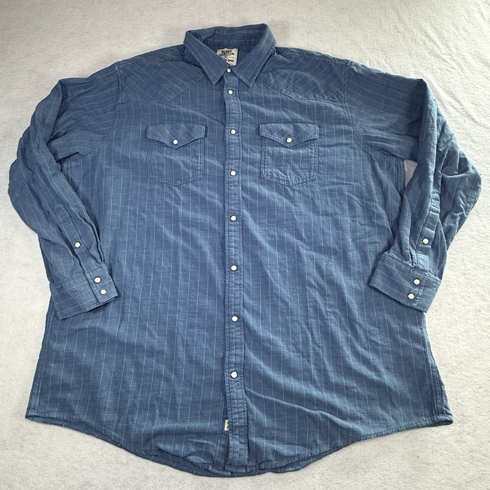 Lands End Blake‎ Shelton 2XLT Pearl Snap Shirt Blue Cowboy Striped Western